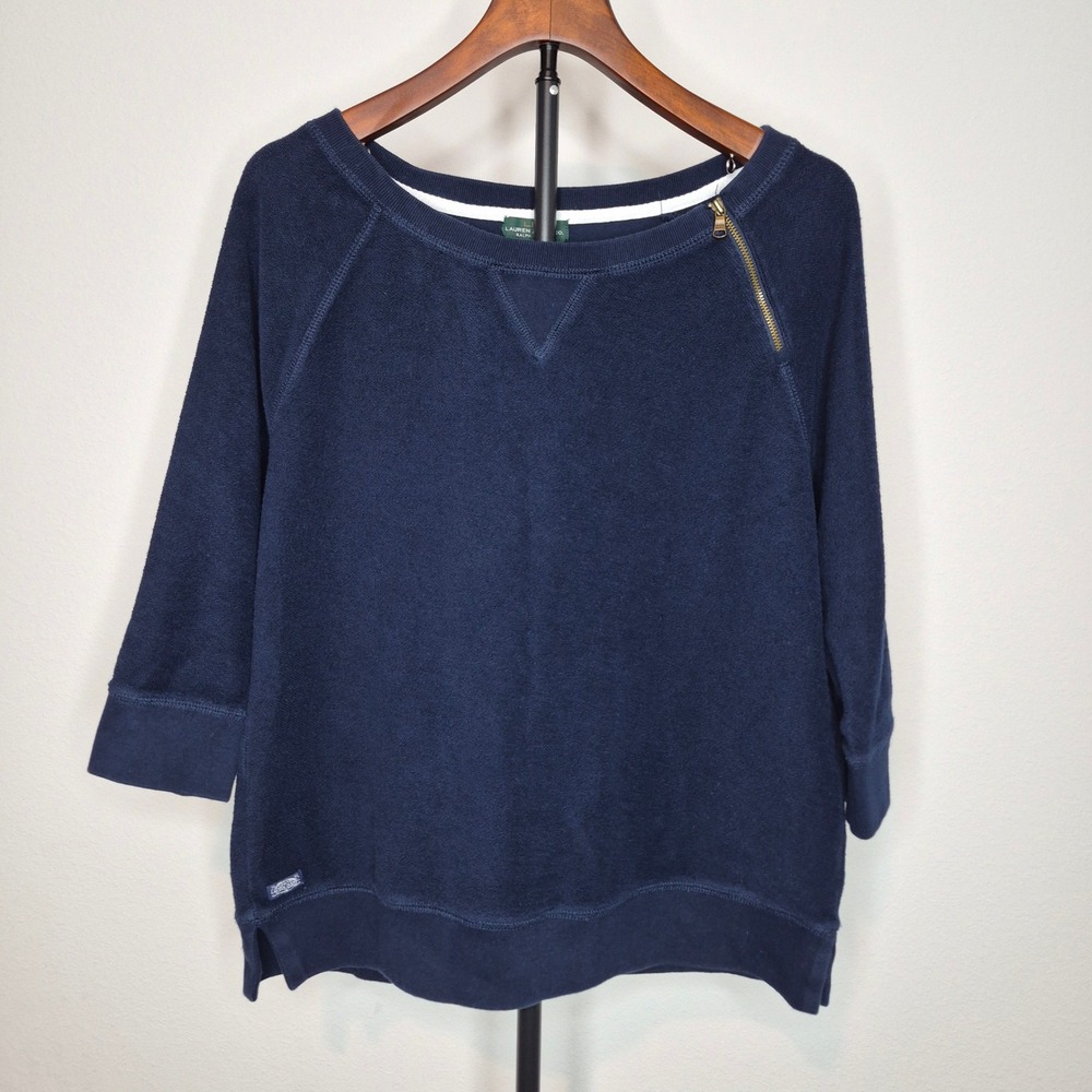 Lauren Ralph Lauren Navy Blue French Terry Zip Shoulder Sweatshirt Nautical XL